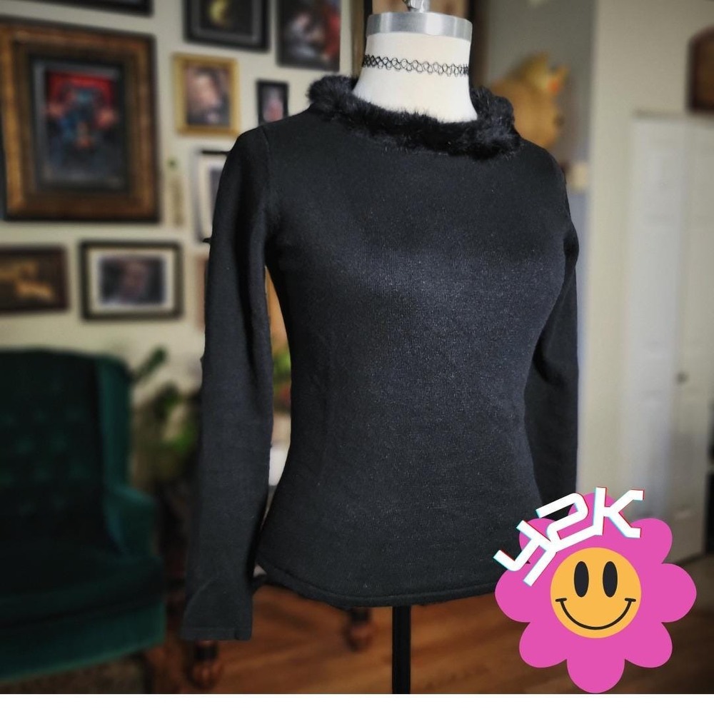 Effeci Black Knit Sweater Vintage Y2K Rabbit Fur Collar Long Sleeve Women's